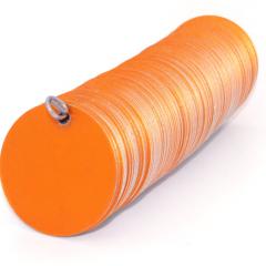 orange circular metal tags