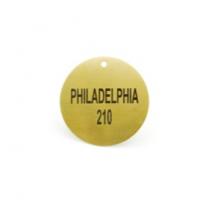 Round Metal Tag that Says Philadelphia 210
