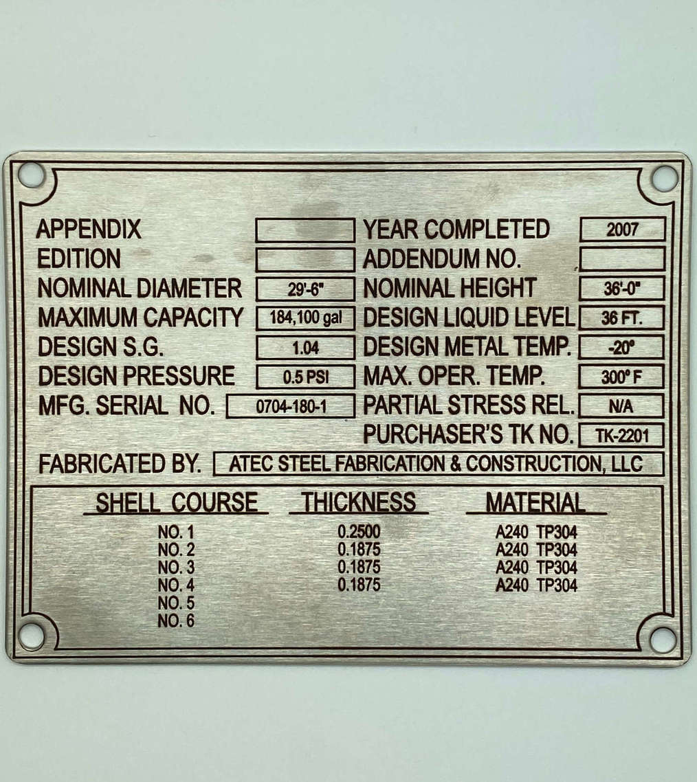 Metal Pressure Vessel Identification Nameplate